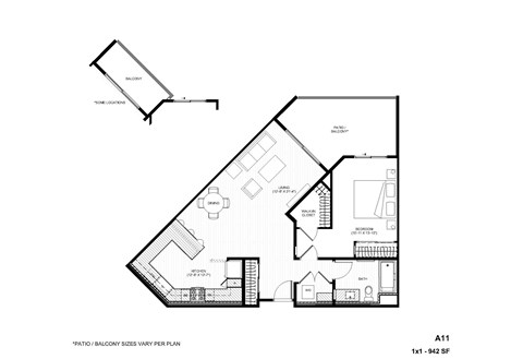 Floor plan for 1 bed, 1 bath, 942 sqft